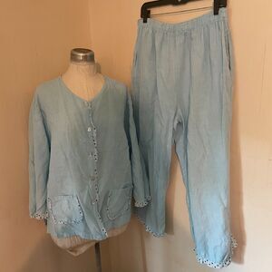 Vintage 90s y2k DONNA Linen Blue Top Crop Pant SET Polka Dot Trim L Lagenlook